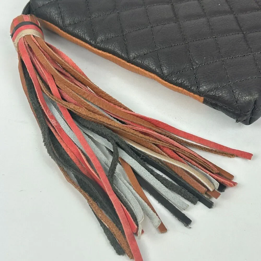 Margot New York Leather Black Pink Tan Colorblock Clutch Bag Purse Large Tassel